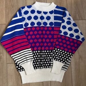 Vintage 80s Multi Colored Polka Dot Striped Acrylic Sweater